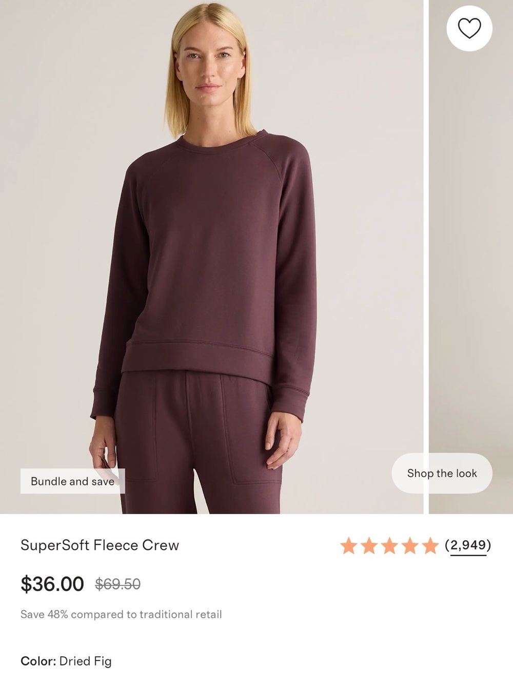 Quince SuperSoft Fleece Crew
Size M, Dried Fig, NWT